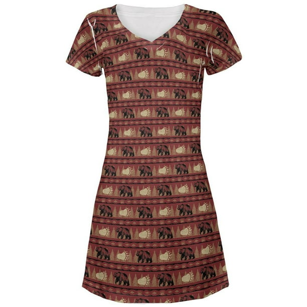 Grizzly Bear Adirondack Pattern Red All Over Juniors Cover-Up Beach Dress 